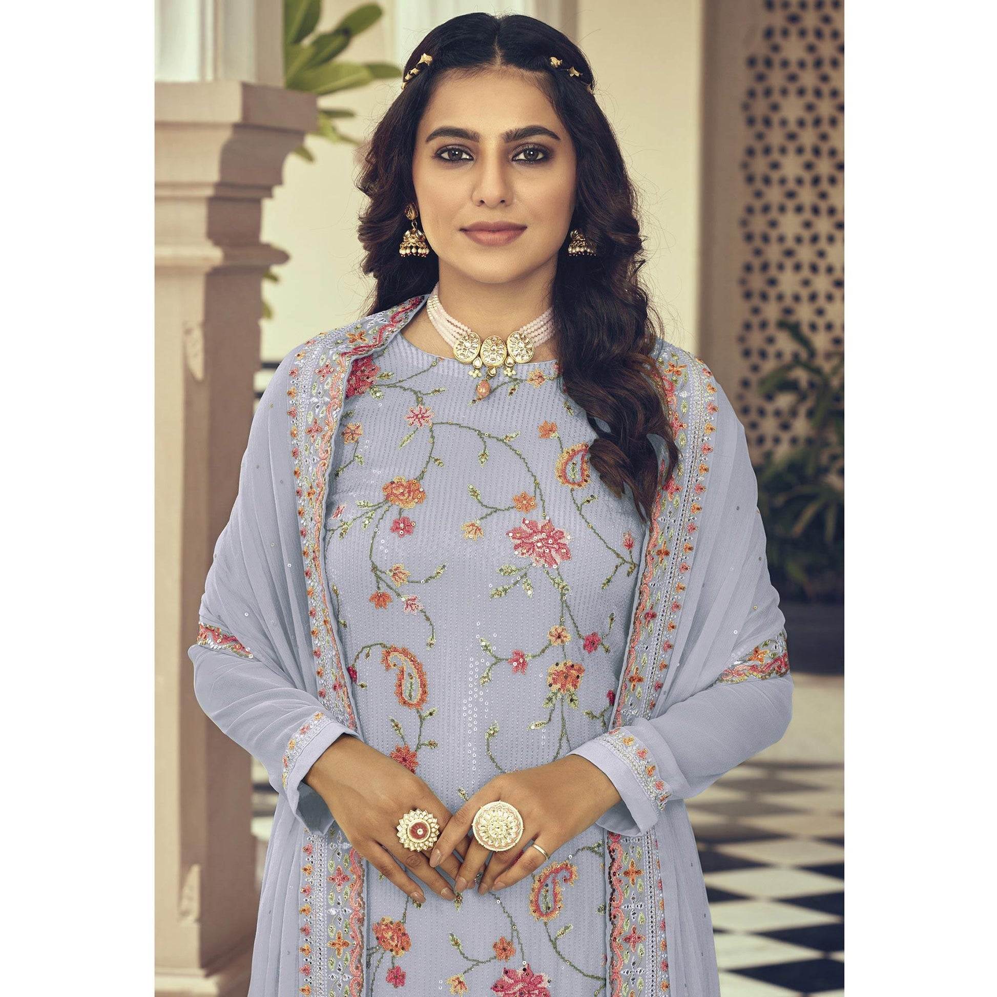 Lavender Embroidered With Embellished Georgette Salwar Suit