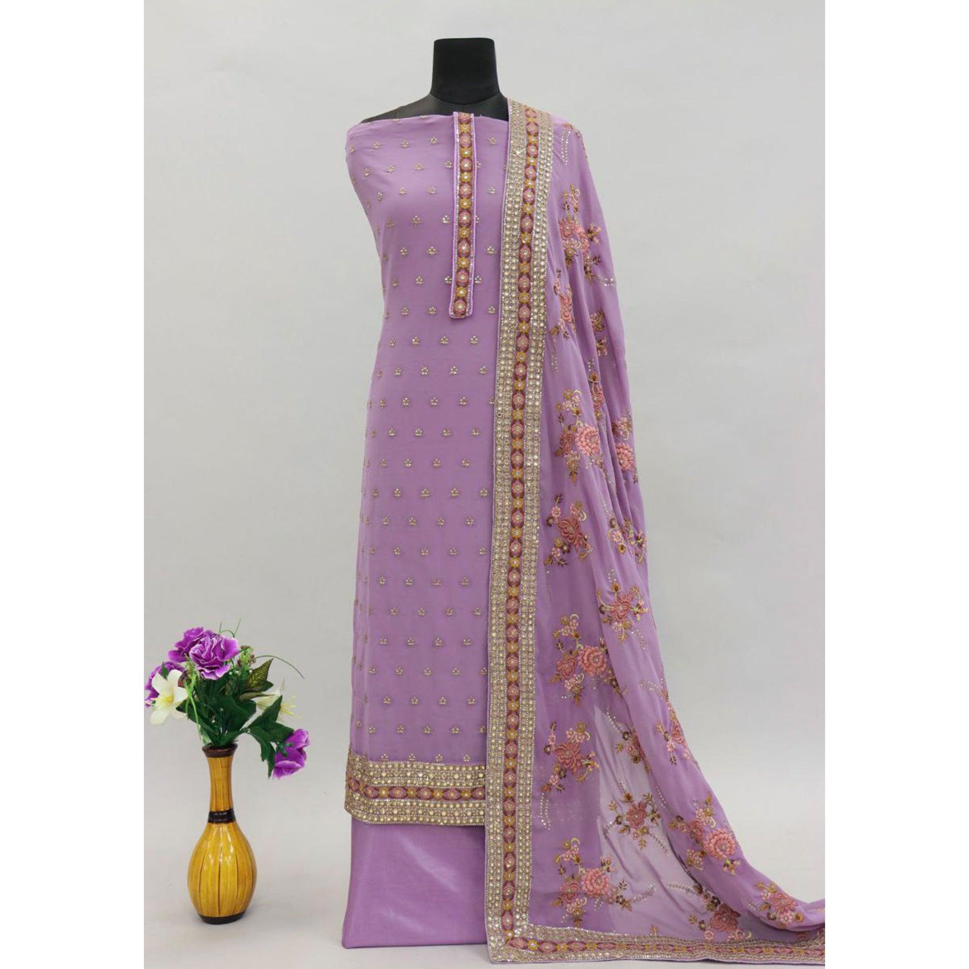 Lavender Embroidered With Embellished Georgette Salwar Suit