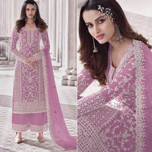 Lavender Embroidered With Embellished Net Palazzo Suit