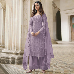 Lavender Embroidered With Embellished Net Palazzo Suit