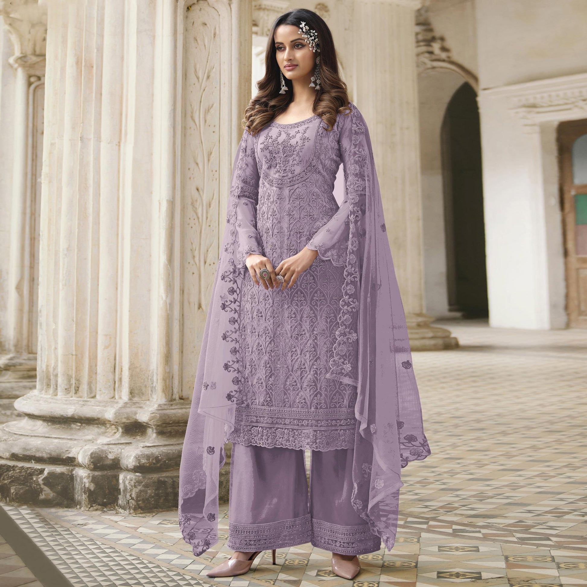Lavender Embroidered With Embellished Net Palazzo Suit