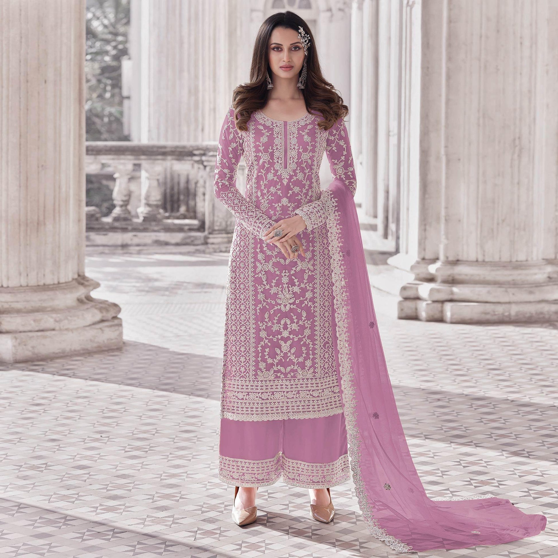 Lavender Embroidered With Embellished Net Palazzo Suit
