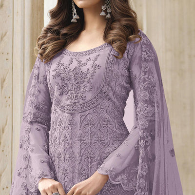 Lavender Embroidered With Embellished Net Palazzo Suit