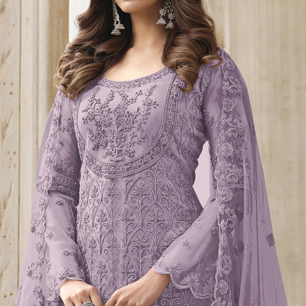 Lavender Embroidered With Embellished Net Palazzo Suit