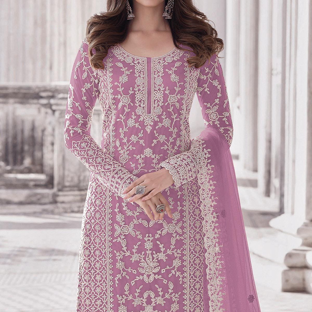 Lavender Embroidered With Embellished Net Palazzo Suit