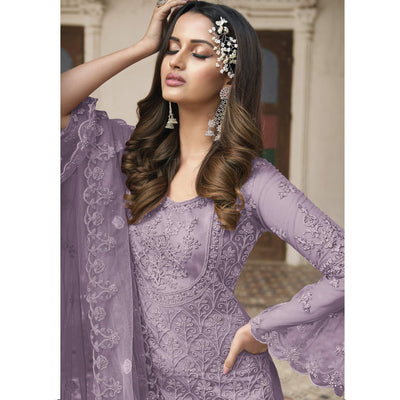 Lavender Embroidered With Embellished Net Palazzo Suit