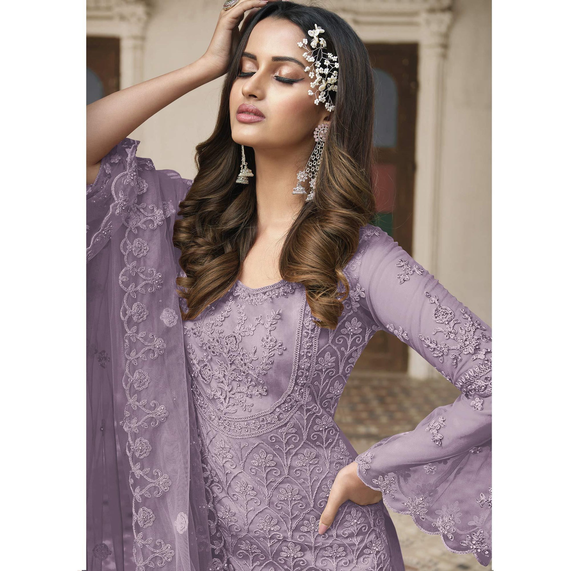 Lavender Embroidered With Embellished Net Palazzo Suit
