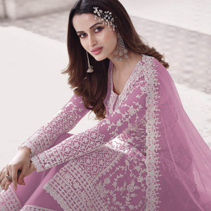 Lavender Embroidered With Embellished Net Palazzo Suit