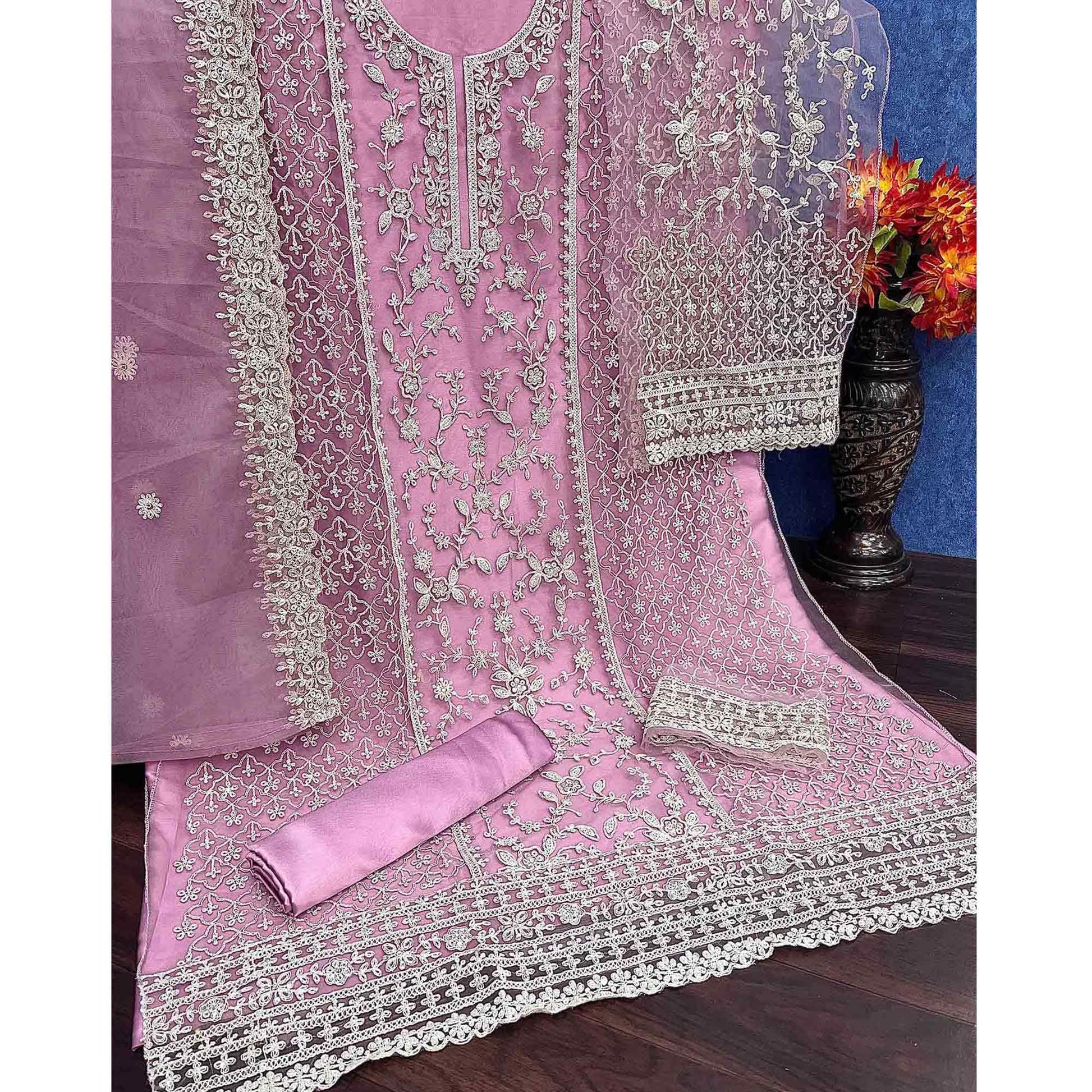 Lavender Embroidered With Embellished Net Palazzo Suit