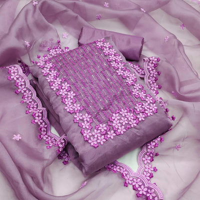 Lavender Festive Wear Floral Embroidered Organza Dress Material