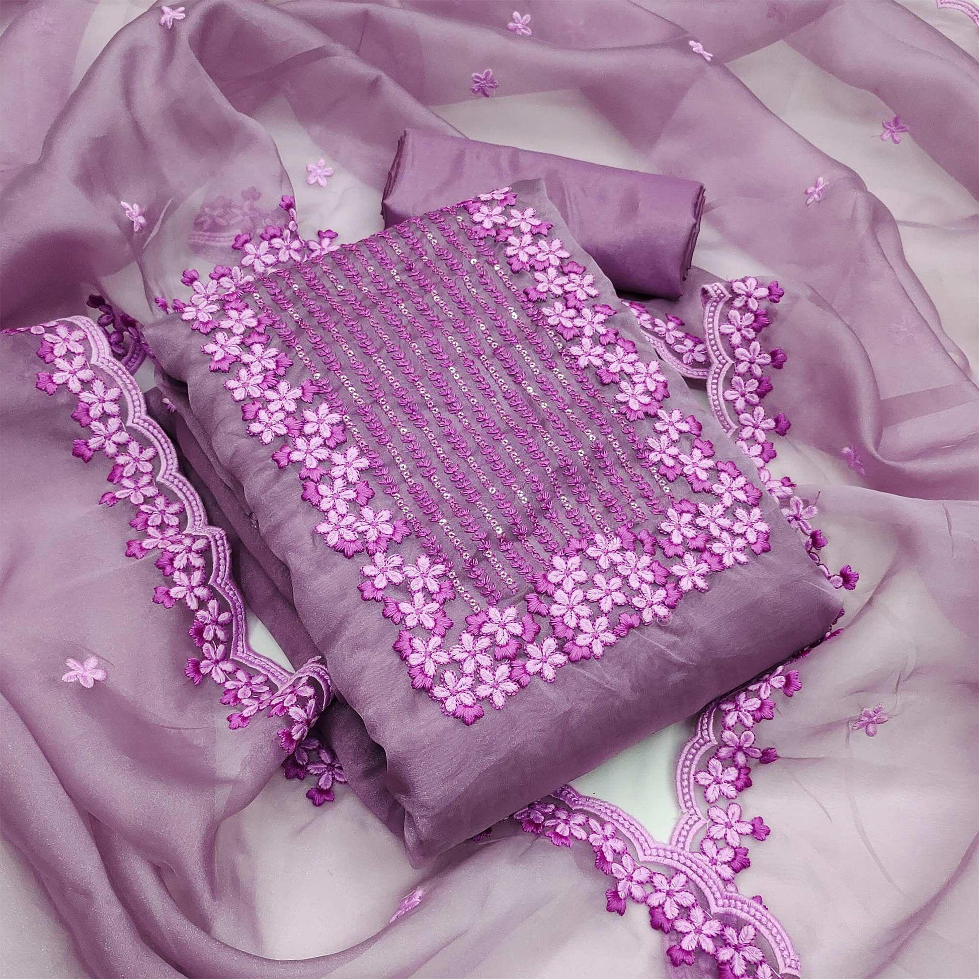 Lavender Festive Wear Floral Embroidered Organza Dress Material