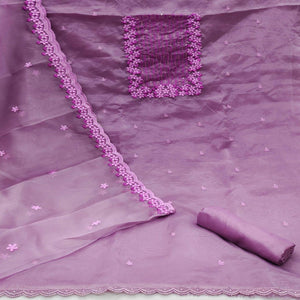 Lavender Festive Wear Floral Embroidered Organza Dress Material
