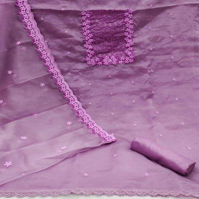 Lavender Festive Wear Floral Embroidered Organza Dress Material