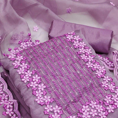 Lavender Festive Wear Floral Embroidered Organza Dress Material