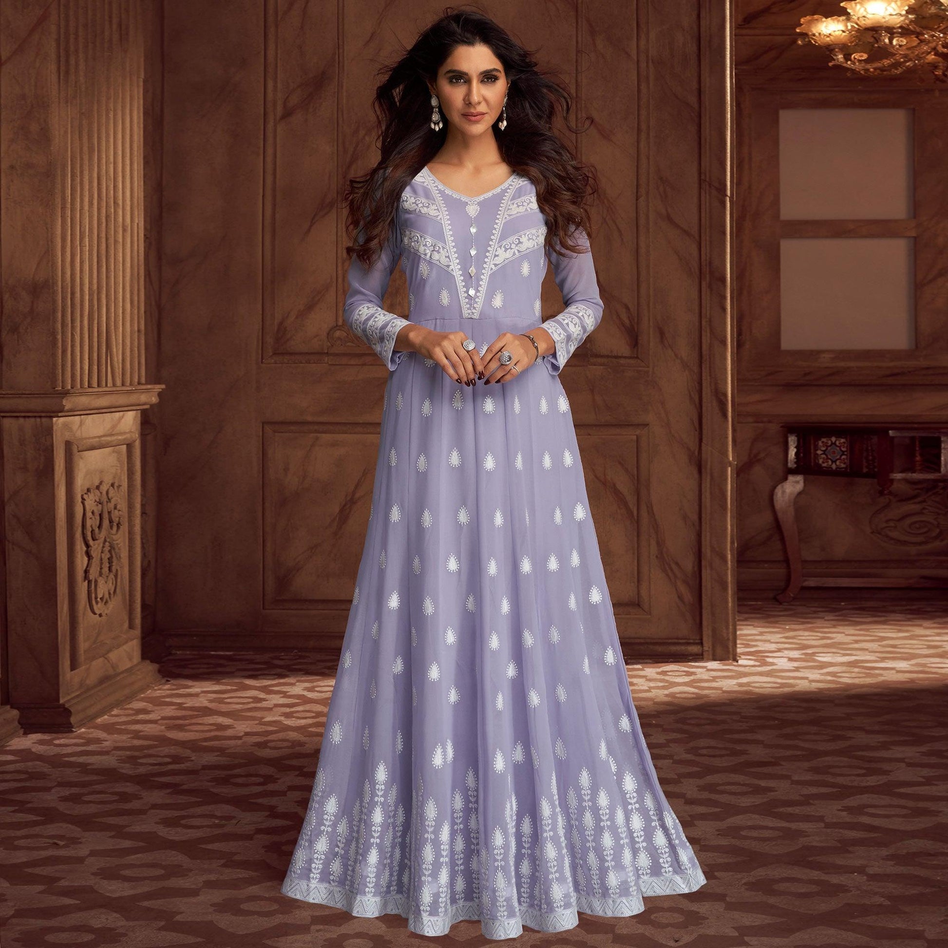 Lavender Floral Embroidered Georgette Gown