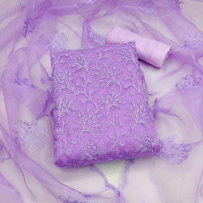 Lavender Floral Embroidered Organza Dress Material