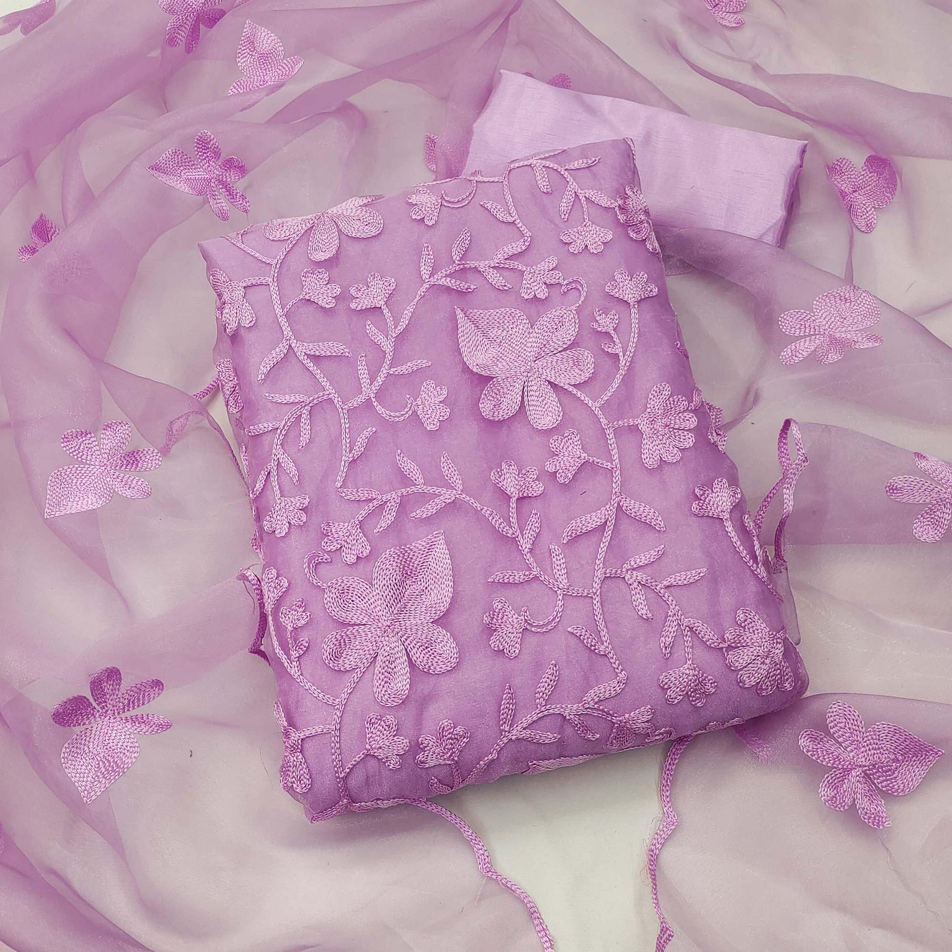 Lavender Floral Embroidered Organza Dress Material