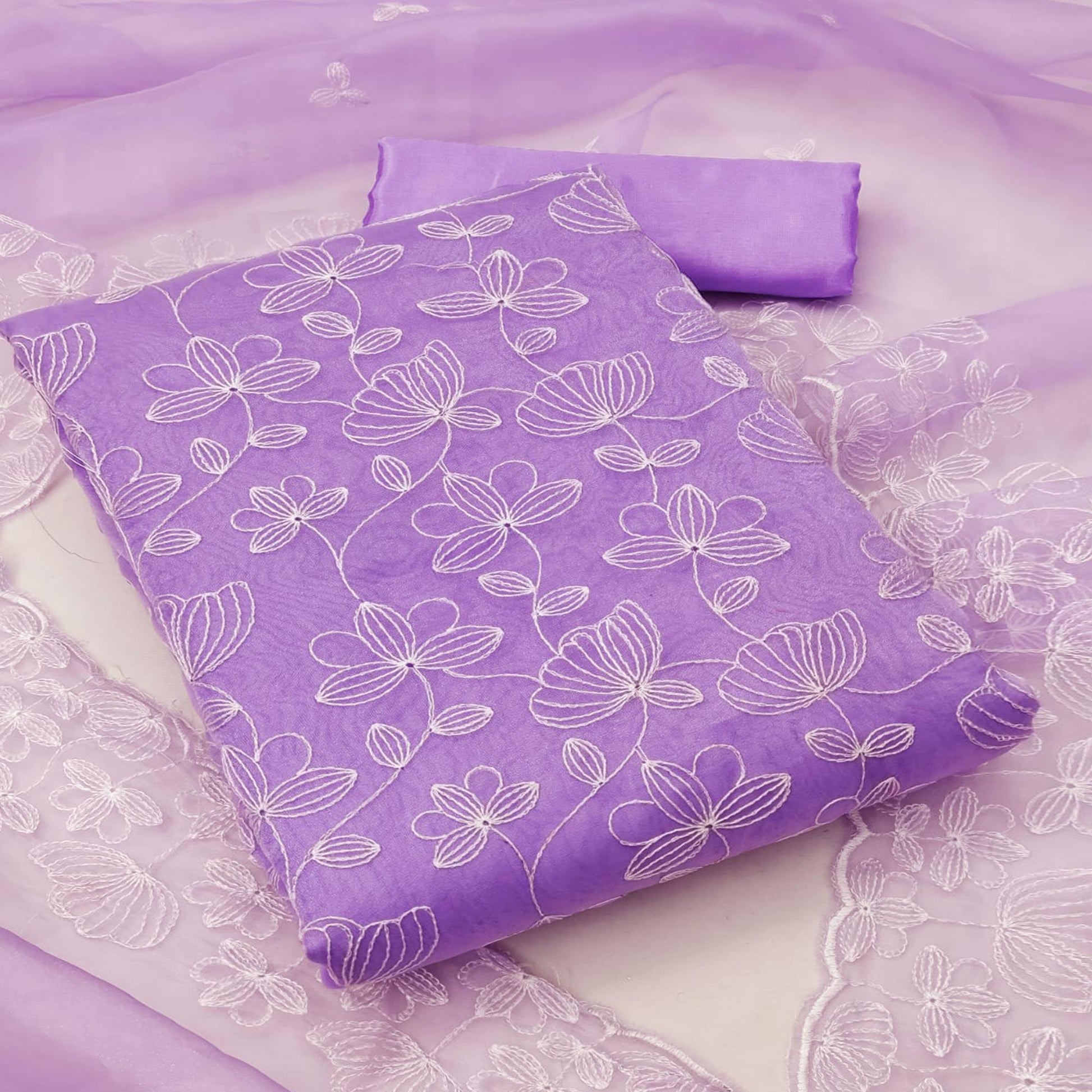 Lavender Floral Embroidered Organza Dress Material