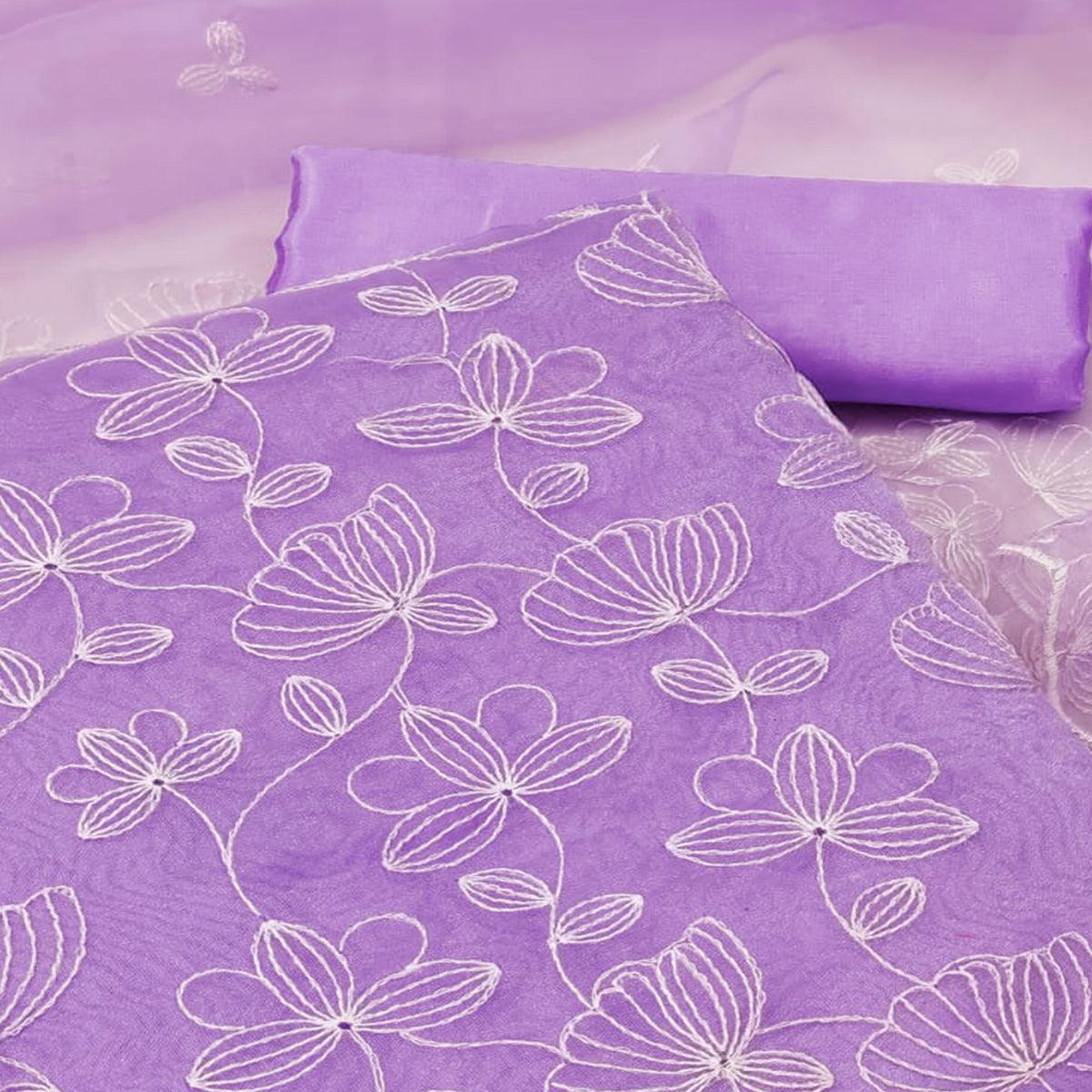 Lavender Floral Embroidered Organza Dress Material