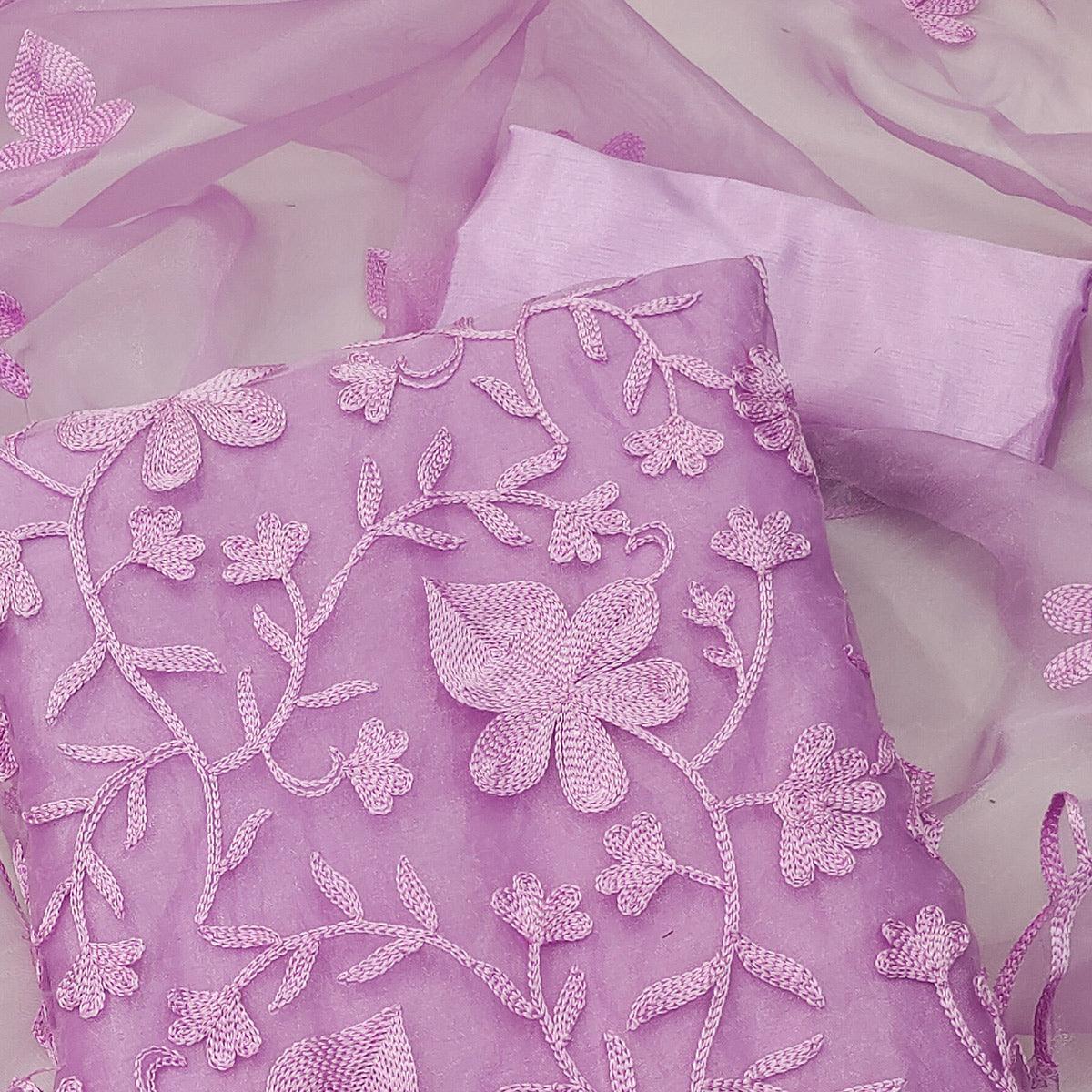 Lavender Floral Embroidered Organza Dress Material