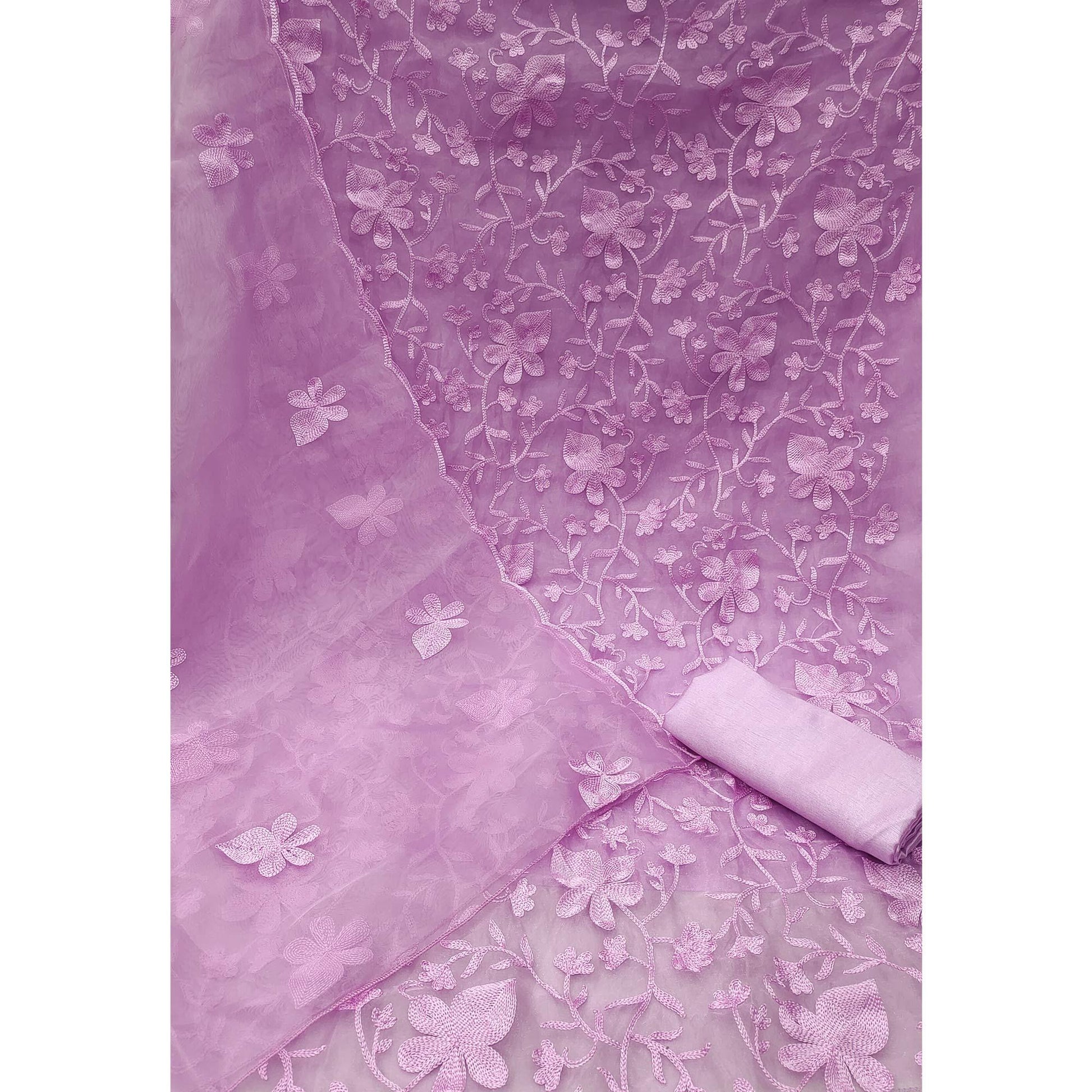 Lavender Floral Embroidered Organza Dress Material