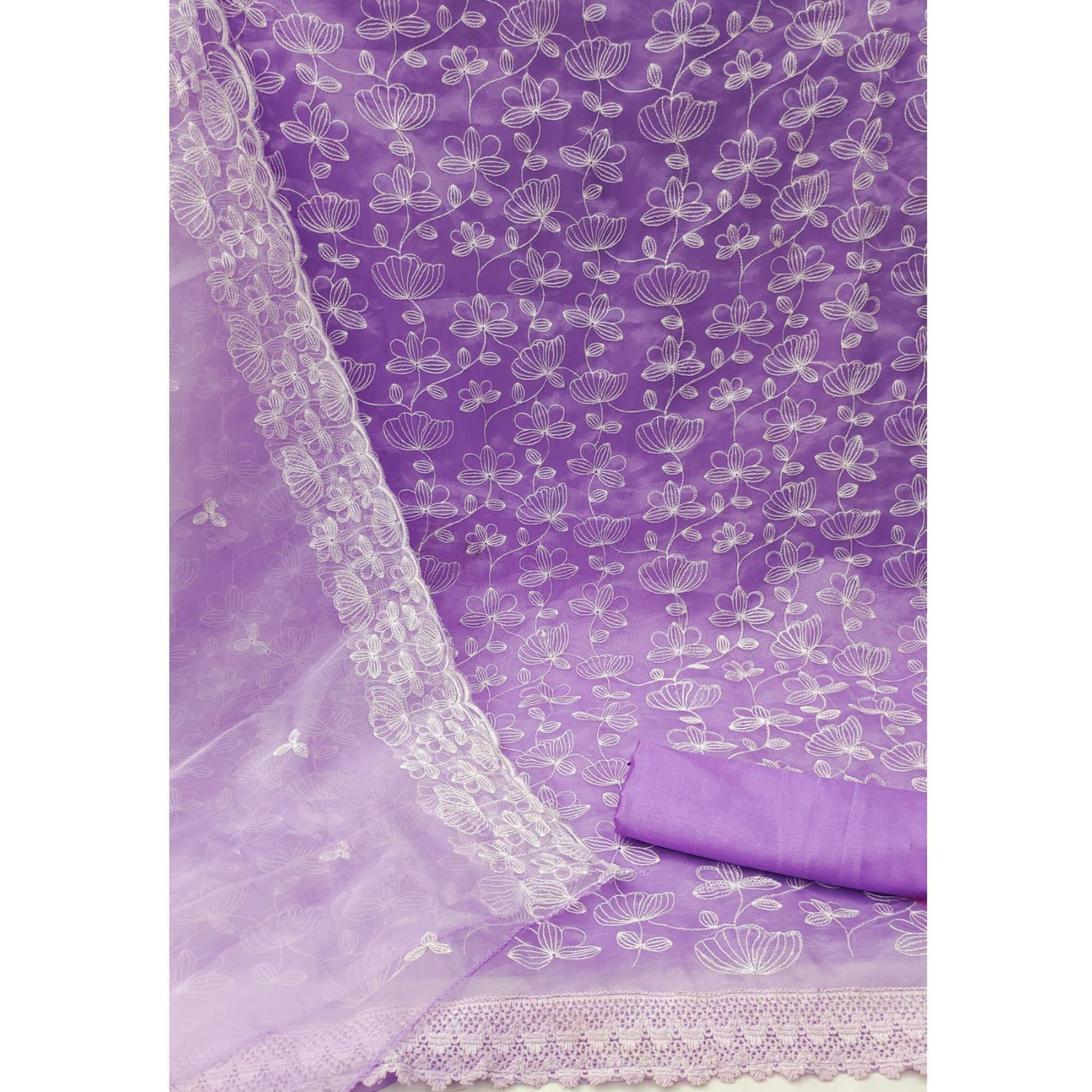 Lavender Floral Embroidered Organza Dress Material