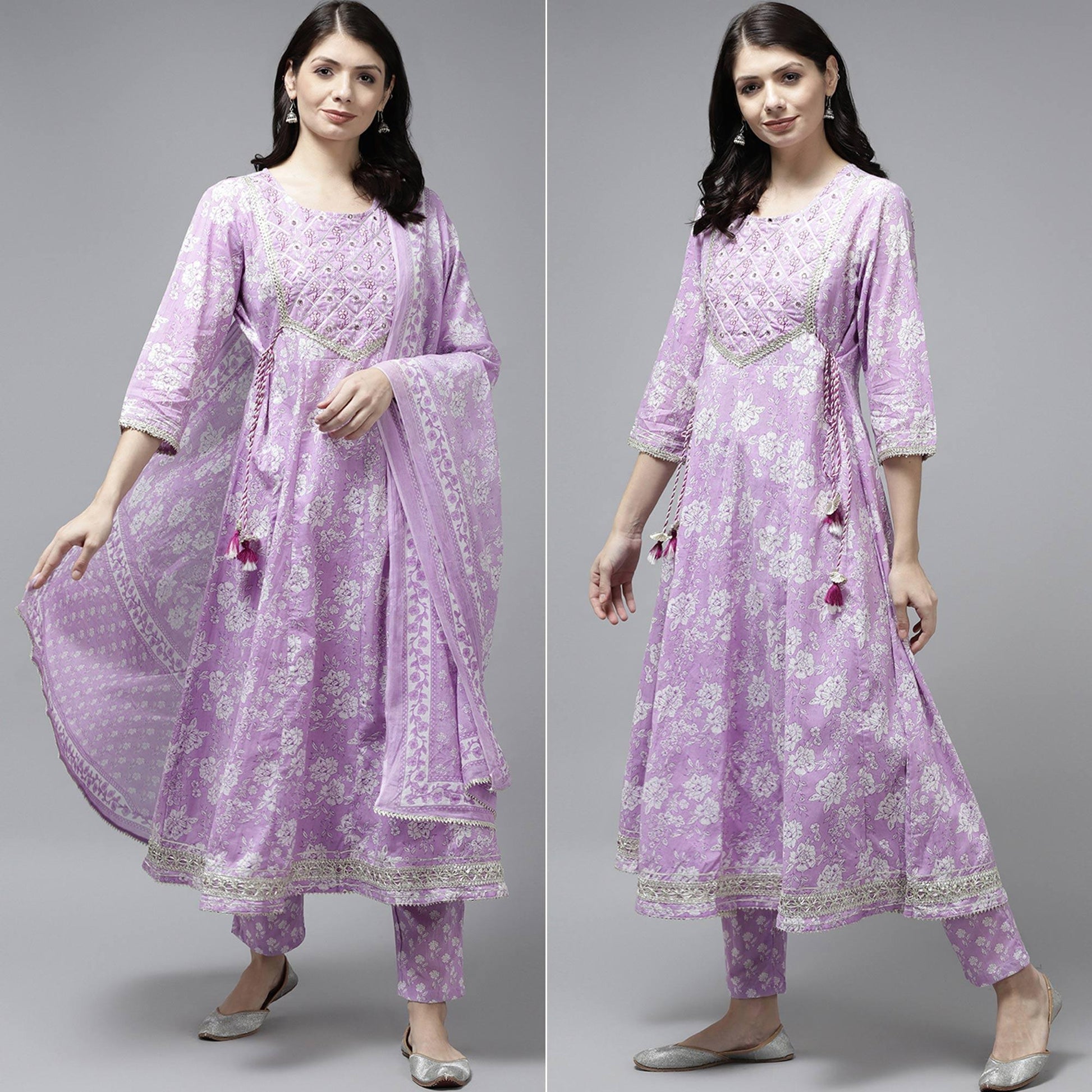 Lavender Floral Printed Pure Cotton Anarkali Suit