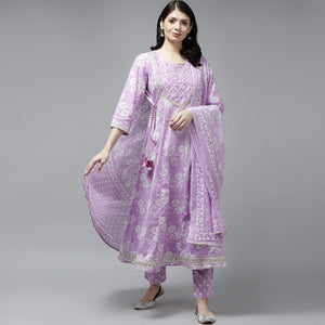 Lavender Floral Printed Pure Cotton Anarkali Suit