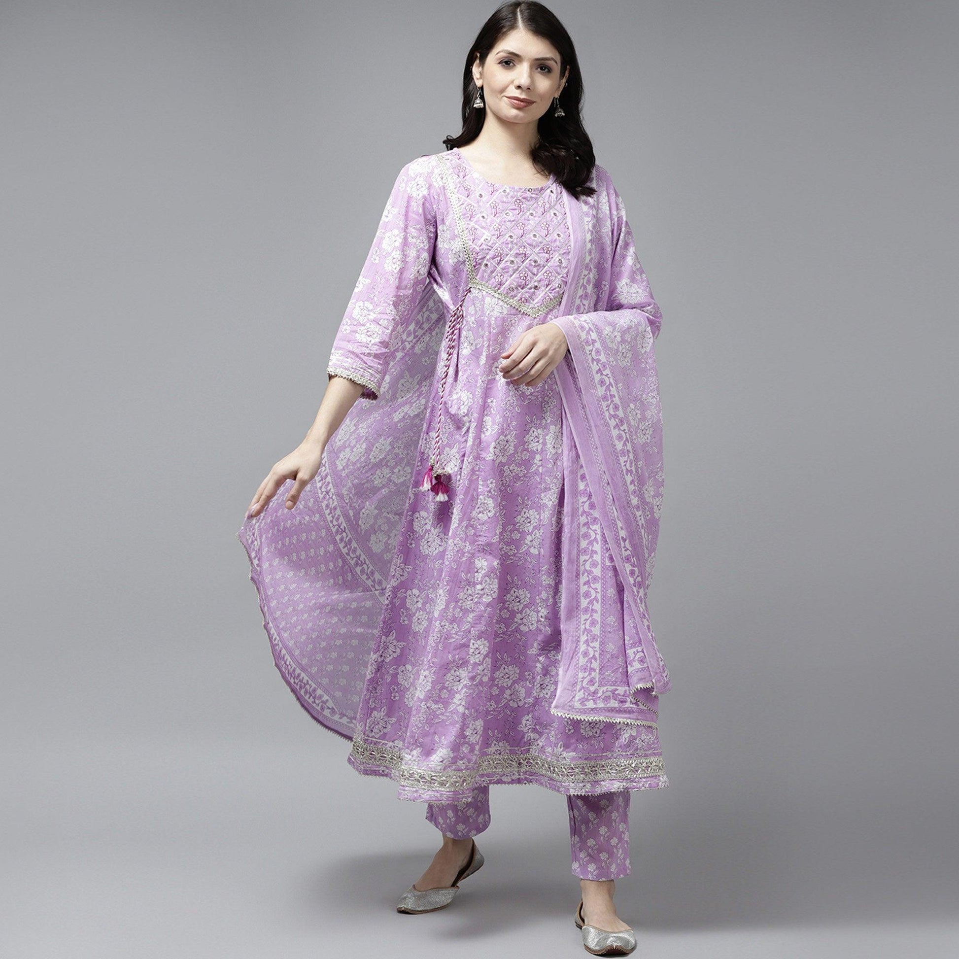 Lavender Floral Printed Pure Cotton Anarkali Suit