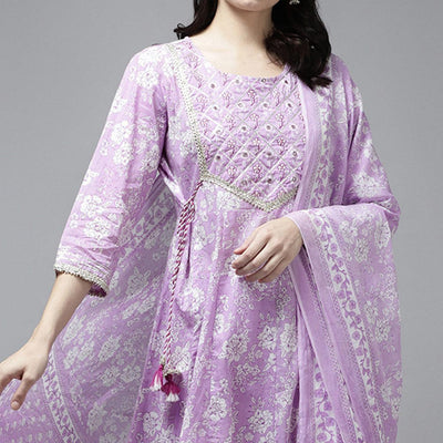 Lavender Floral Printed Pure Cotton Anarkali Suit