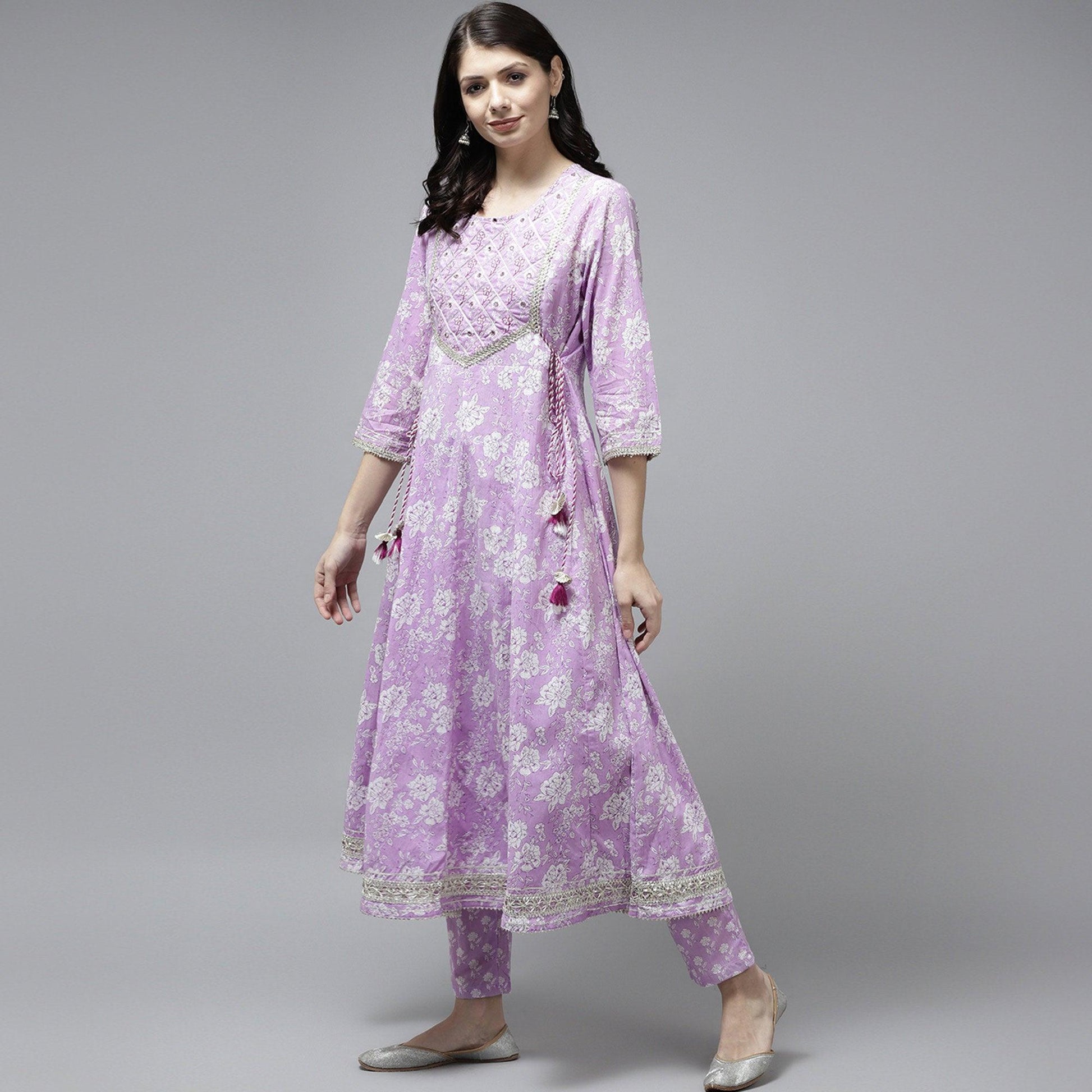 Lavender Floral Printed Pure Cotton Anarkali Suit