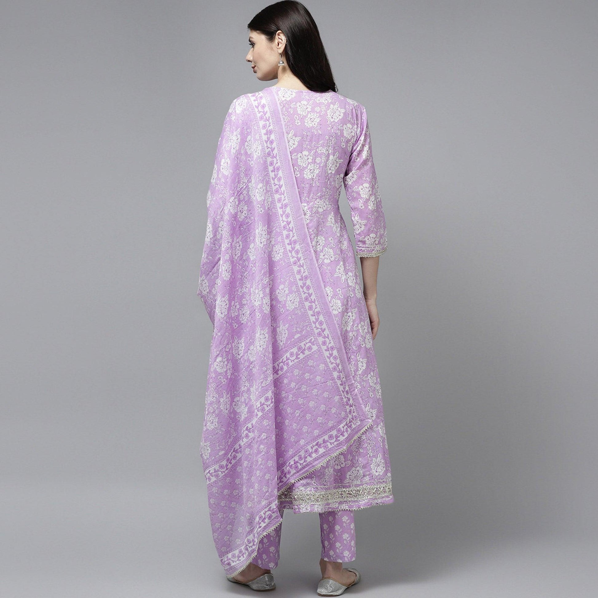 Lavender Floral Printed Pure Cotton Anarkali Suit