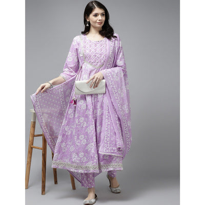 Lavender Floral Printed Pure Cotton Anarkali Suit