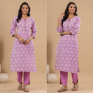 Lavender Floral Printed With Embroidered Pure Cotton Kurti Pant Set