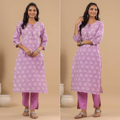 Lavender Floral Printed With Embroidered Pure Cotton Kurti Pant Set