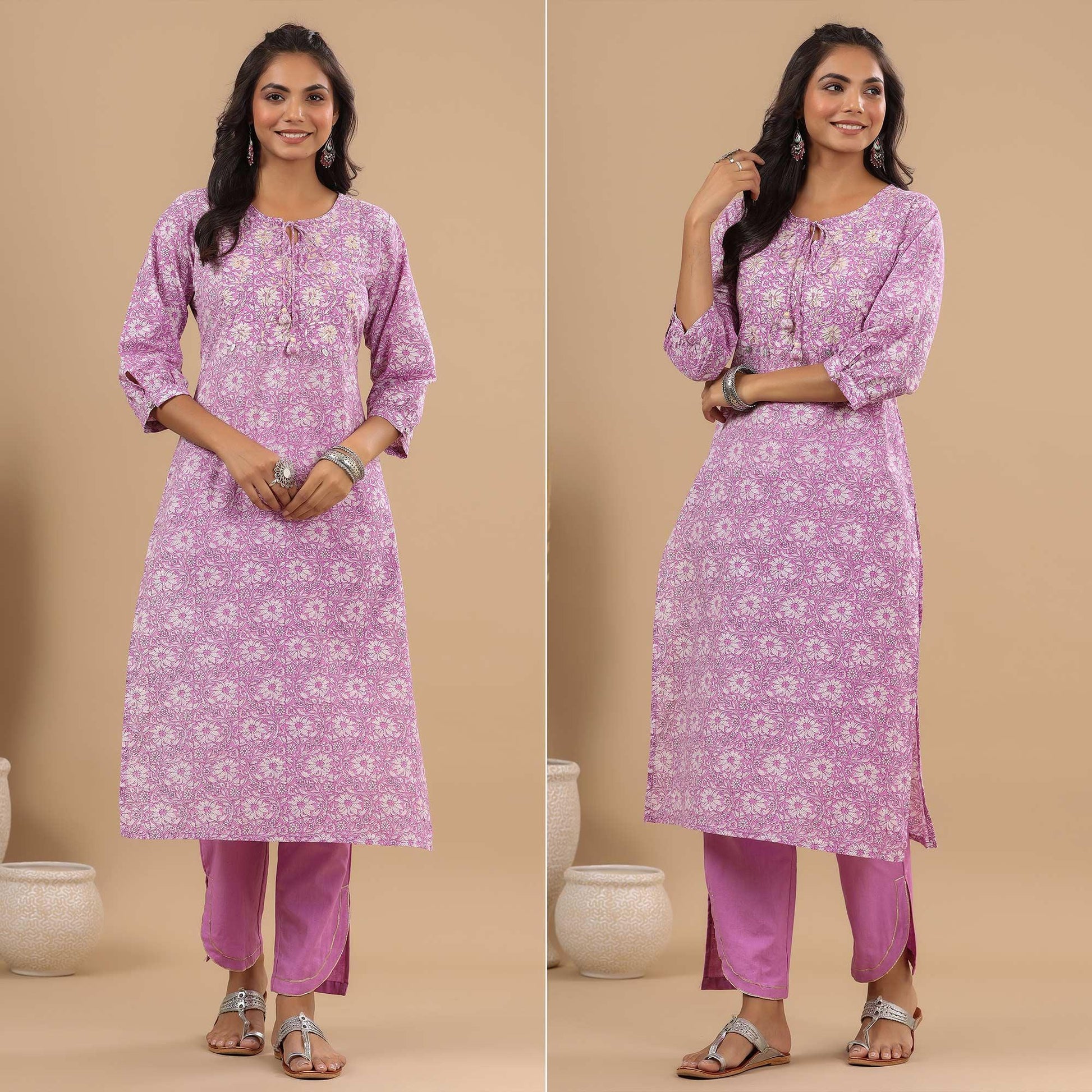 Lavender Floral Printed With Embroidered Pure Cotton Kurti Pant Set