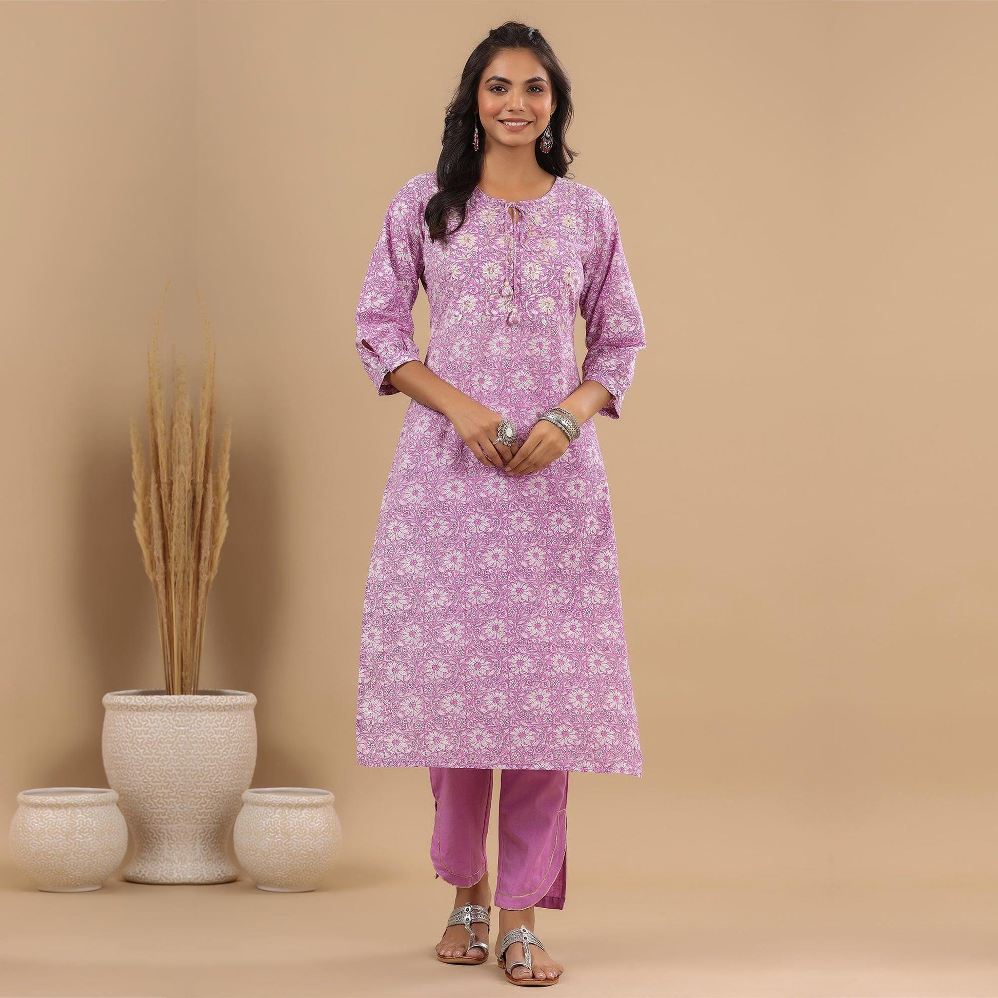 Lavender Floral Printed With Embroidered Pure Cotton Kurti Pant Set