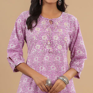 Lavender Floral Printed With Embroidered Pure Cotton Kurti Pant Set