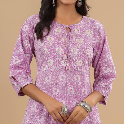 Lavender Floral Printed With Embroidered Pure Cotton Kurti Pant Set