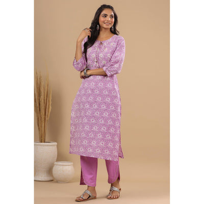 Lavender Floral Printed With Embroidered Pure Cotton Kurti Pant Set