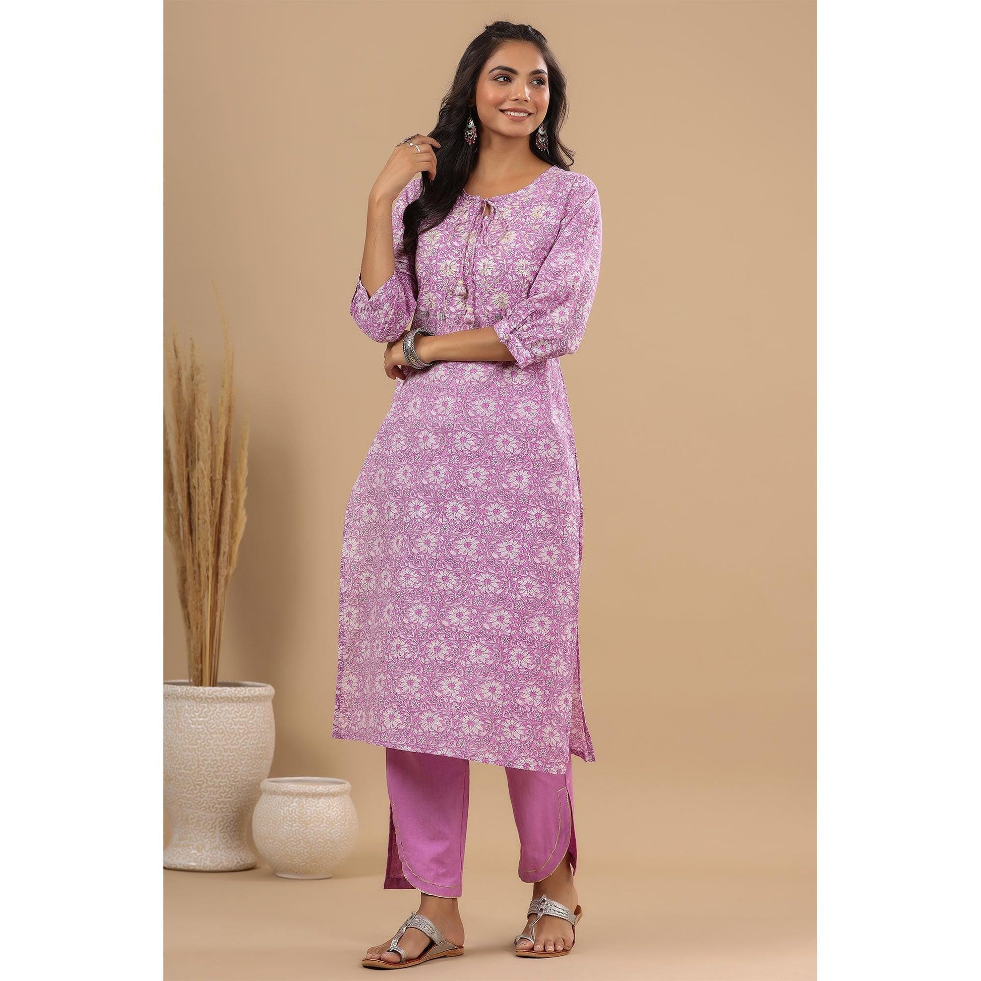 Lavender Floral Printed With Embroidered Pure Cotton Kurti Pant Set