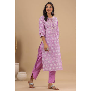 Lavender Floral Printed With Embroidered Pure Cotton Kurti Pant Set