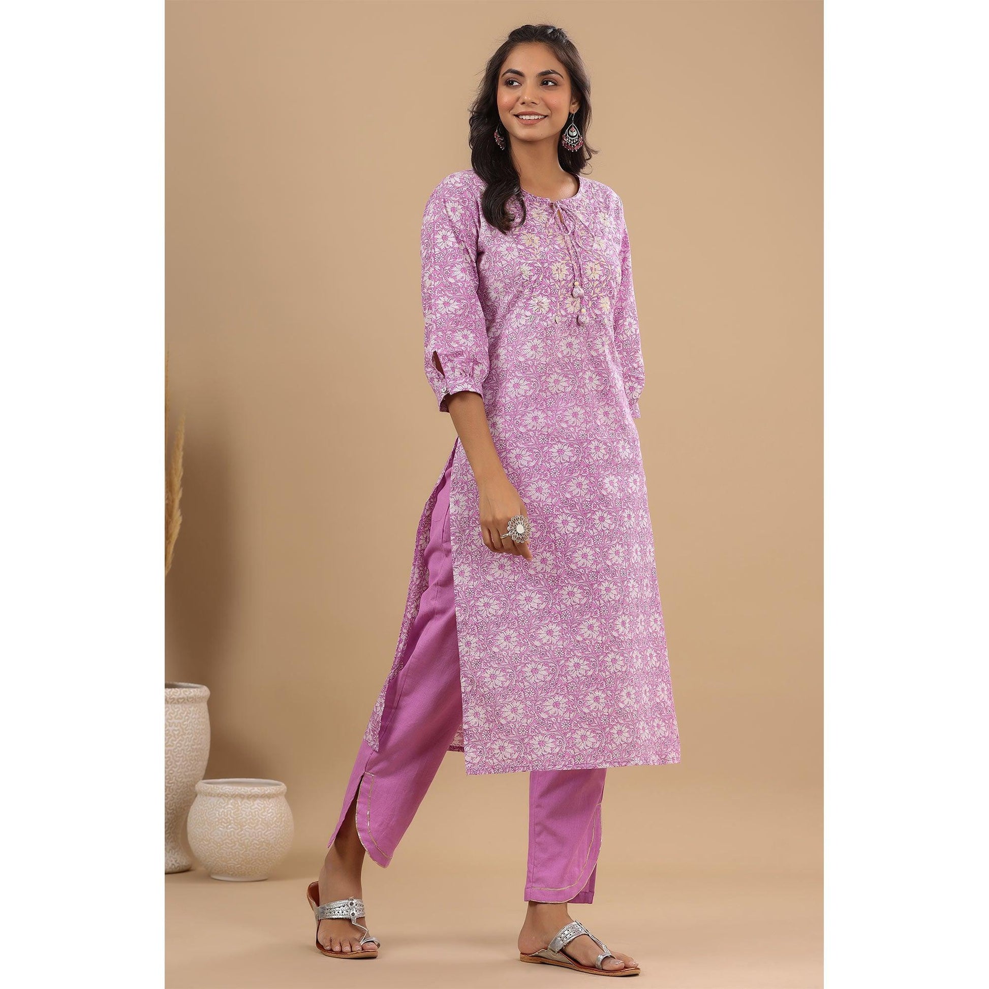 Lavender Floral Printed With Embroidered Pure Cotton Kurti Pant Set
