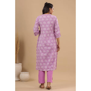 Lavender Floral Printed With Embroidered Pure Cotton Kurti Pant Set