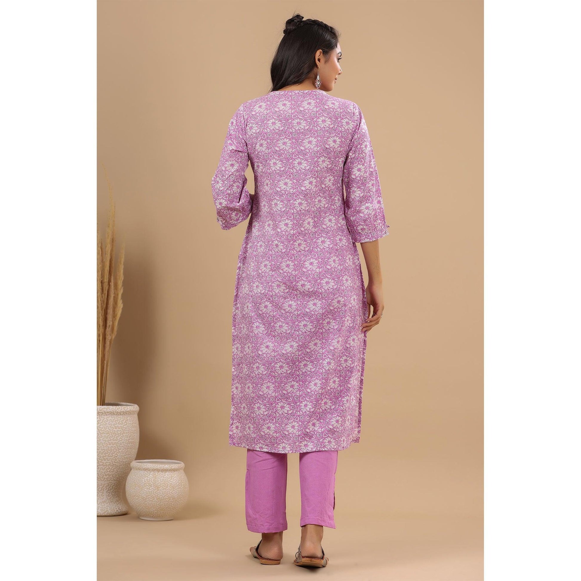 Lavender Floral Printed With Embroidered Pure Cotton Kurti Pant Set