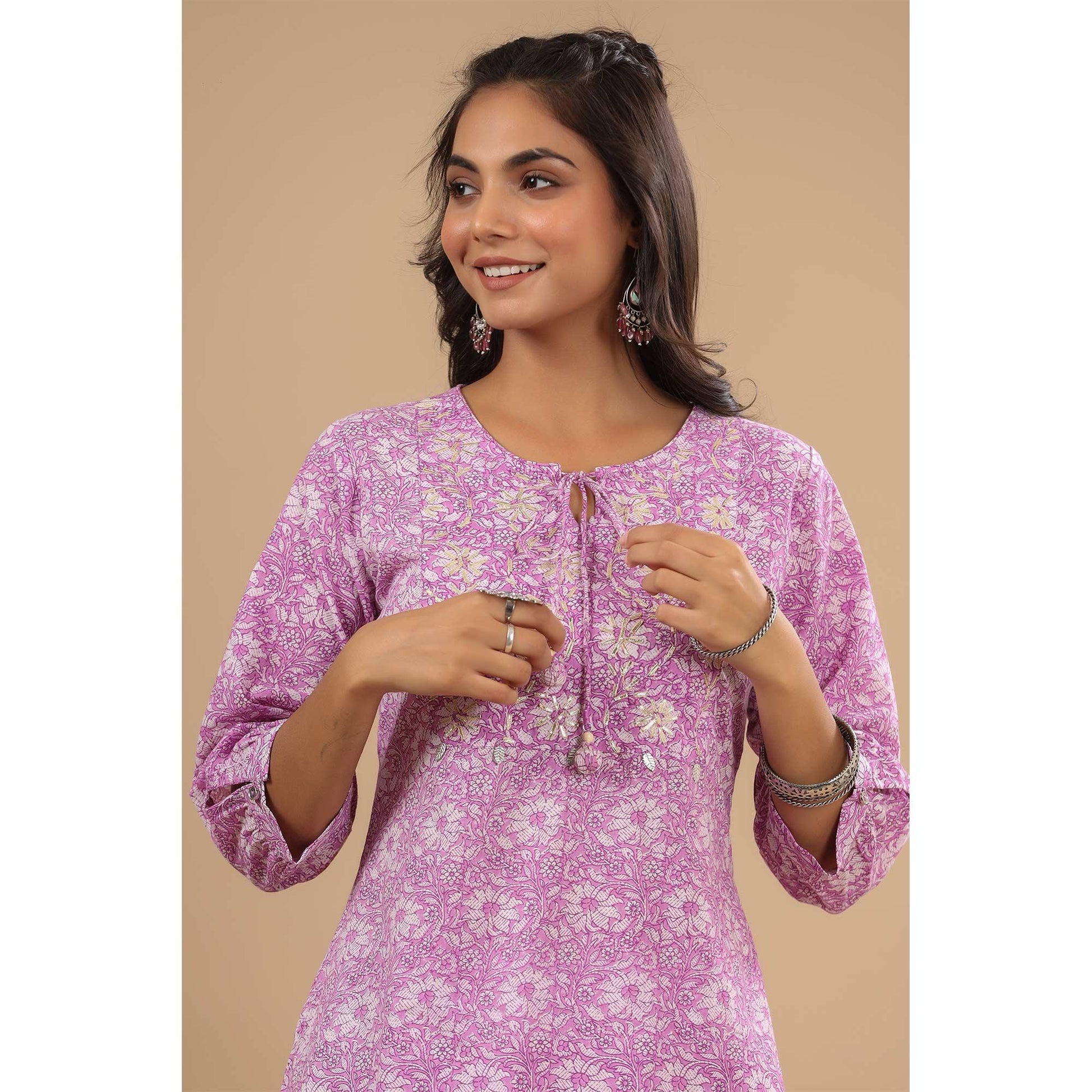 Lavender Floral Printed With Embroidered Pure Cotton Kurti Pant Set
