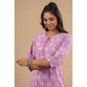 Lavender Floral Printed With Embroidered Pure Cotton Kurti Pant Set