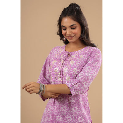 Lavender Floral Printed With Embroidered Pure Cotton Kurti Pant Set