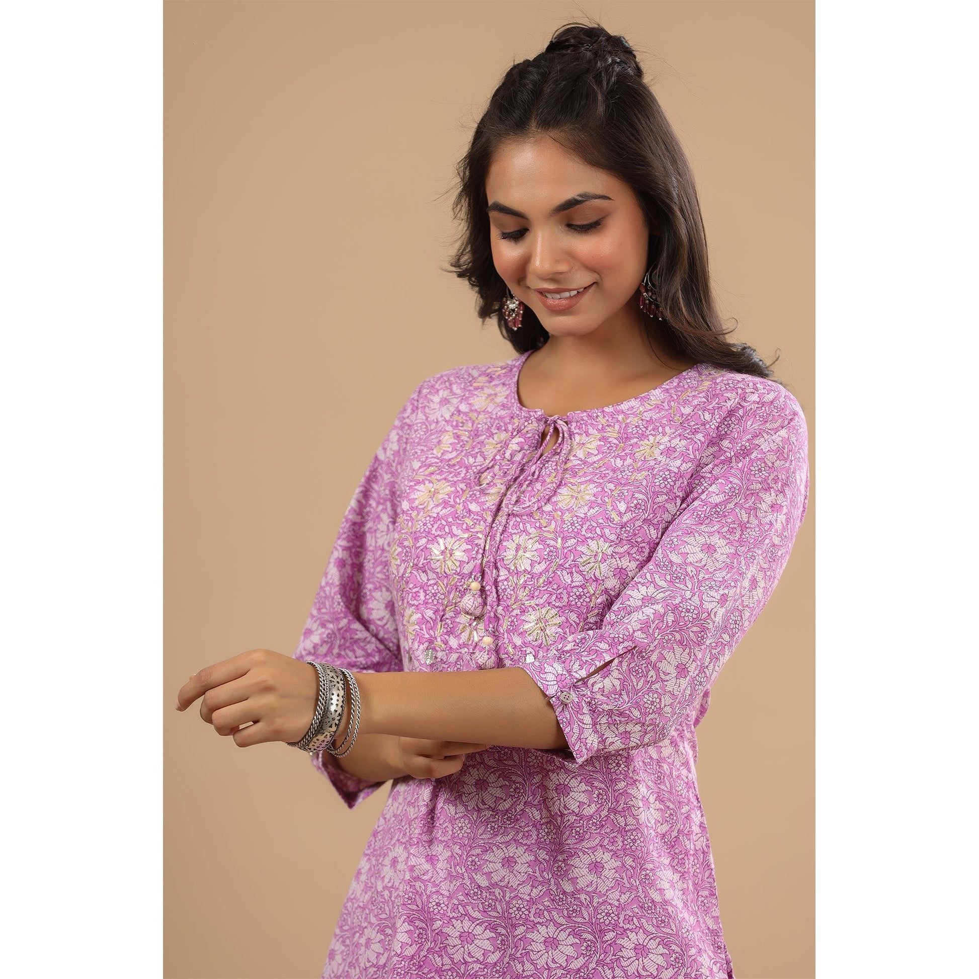 Lavender Floral Printed With Embroidered Pure Cotton Kurti Pant Set