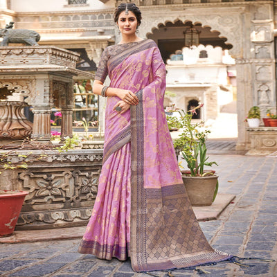 Lavender Floral Woven Pure Silk Saree